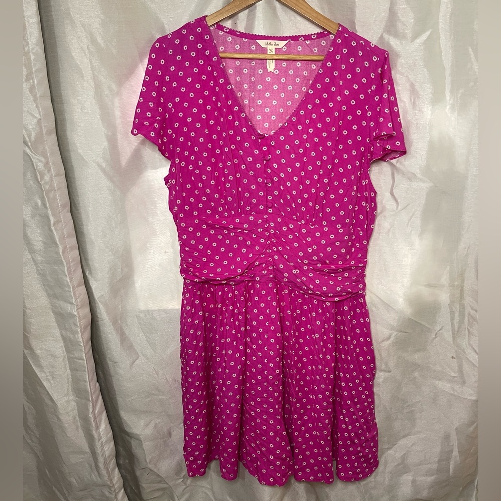 Matilda Jane Hot Pink White Floral Polka Dot Button Up Cinched Waist Midi Dress